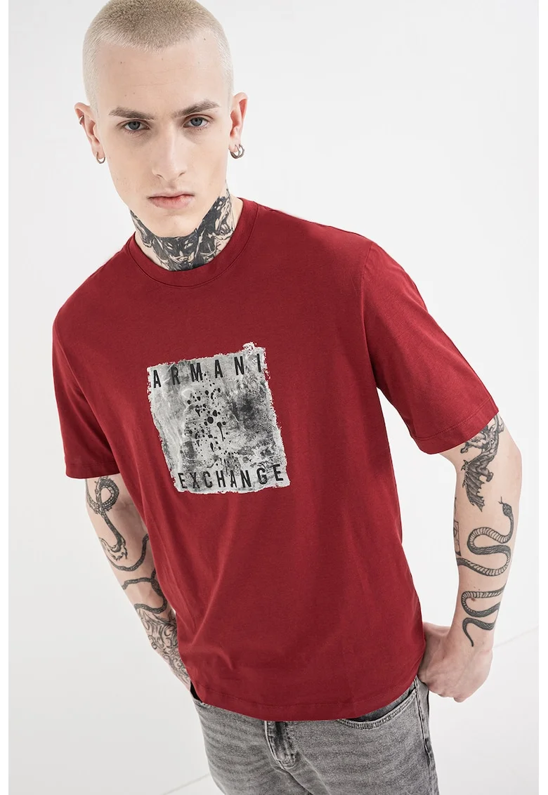 Tricou cu logo si decolteu la baza gatului, Gri/Rosu inchis