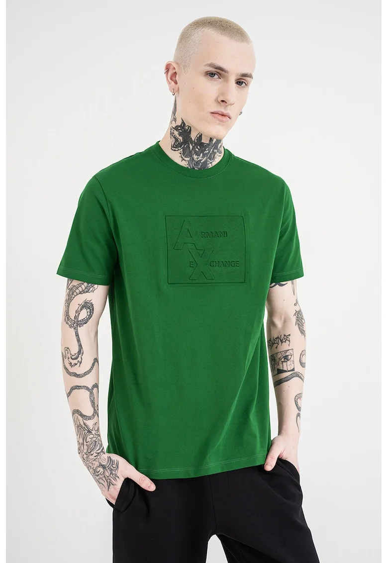Tricou de bumbac cu decolteu la baza gatului, Verde