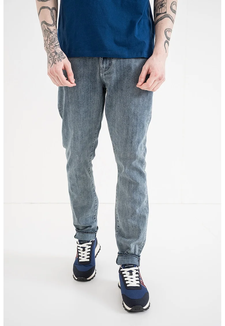 Blugi slim fit cu talie medie, Albastru deschis melange