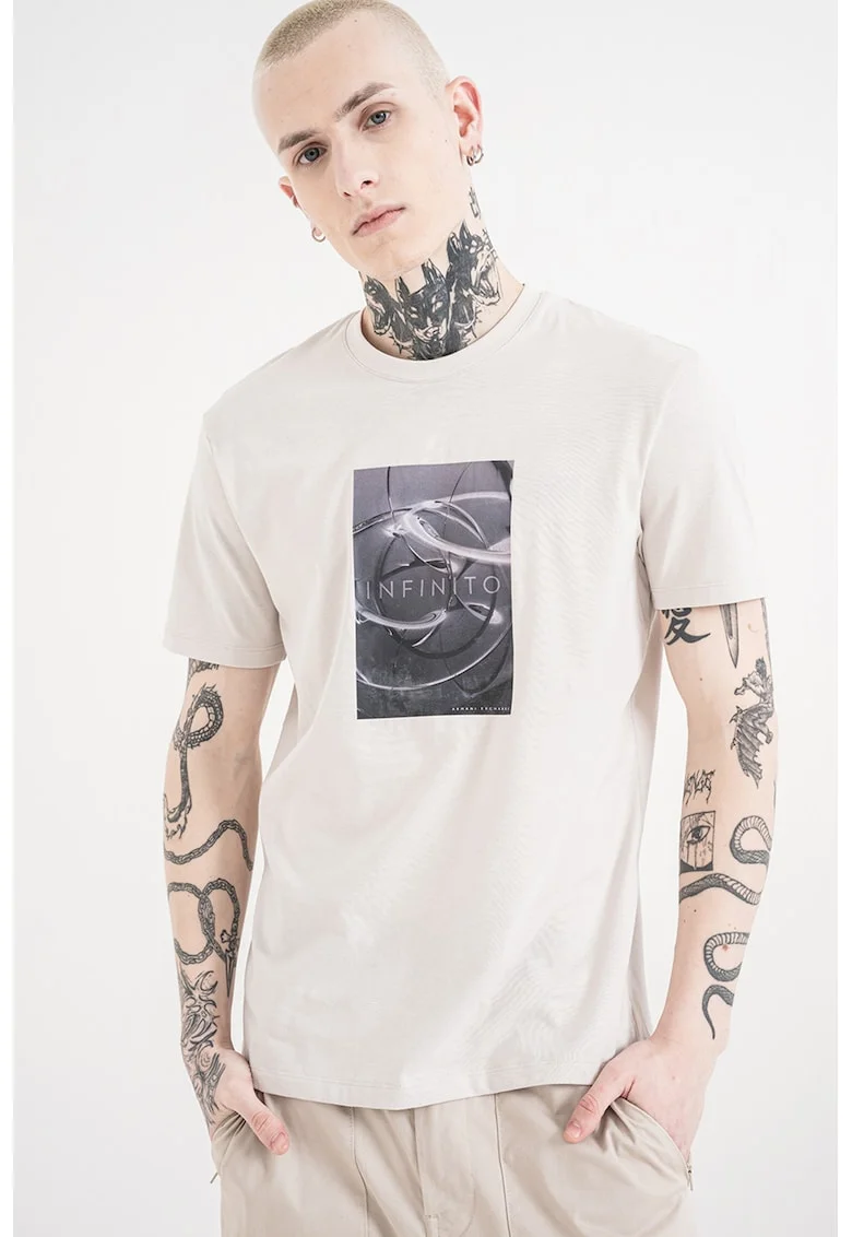 Tricou de bumbac cu model grafic, Gri deschis/Gri carbune/Alb murdar