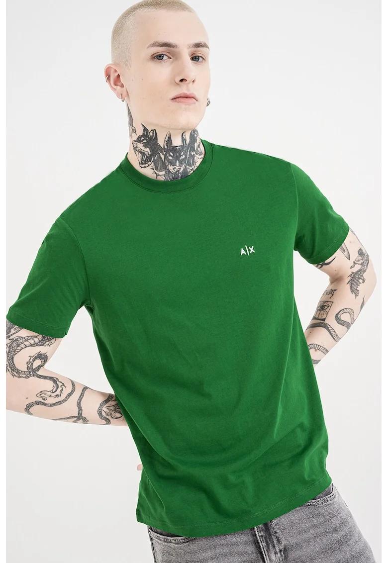 Tricou uni de bumbac cu logo discret, Alb/Verde