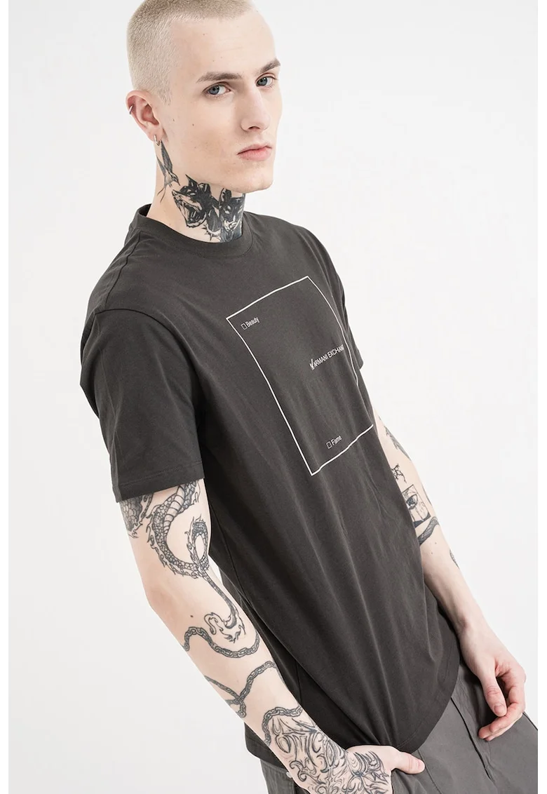 Tricou de bumbac cu decolteu la baza gatului si imprimeu logo, Gri antracit