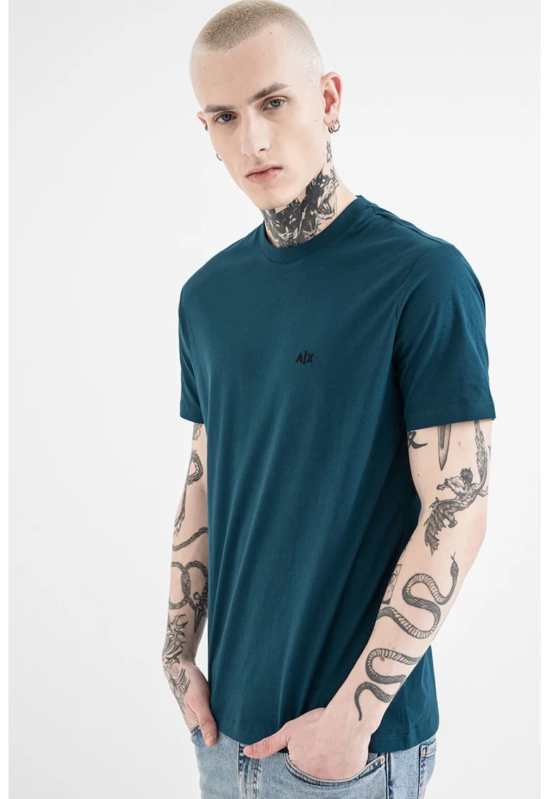 Tricou uni de bumbac cu logo discret, Albastru petrol