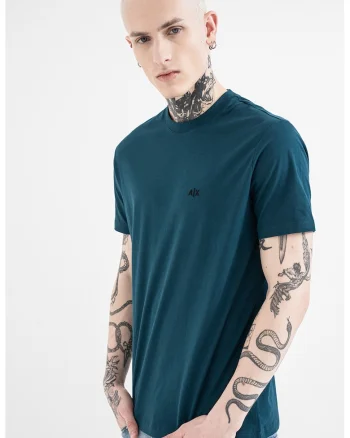 Tricou uni de bumbac cu logo discret, Albastru petrol