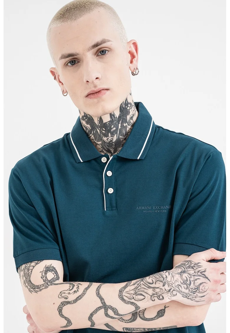Tricou polo uni, Alb/Albastru petrol