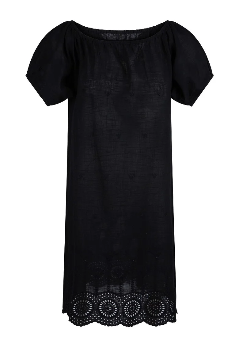 Rochie cu maneci scurte si garnitura din dantela sangallo, Negru