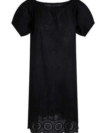 Rochie cu maneci scurte si garnitura din dantela sangallo, Negru
