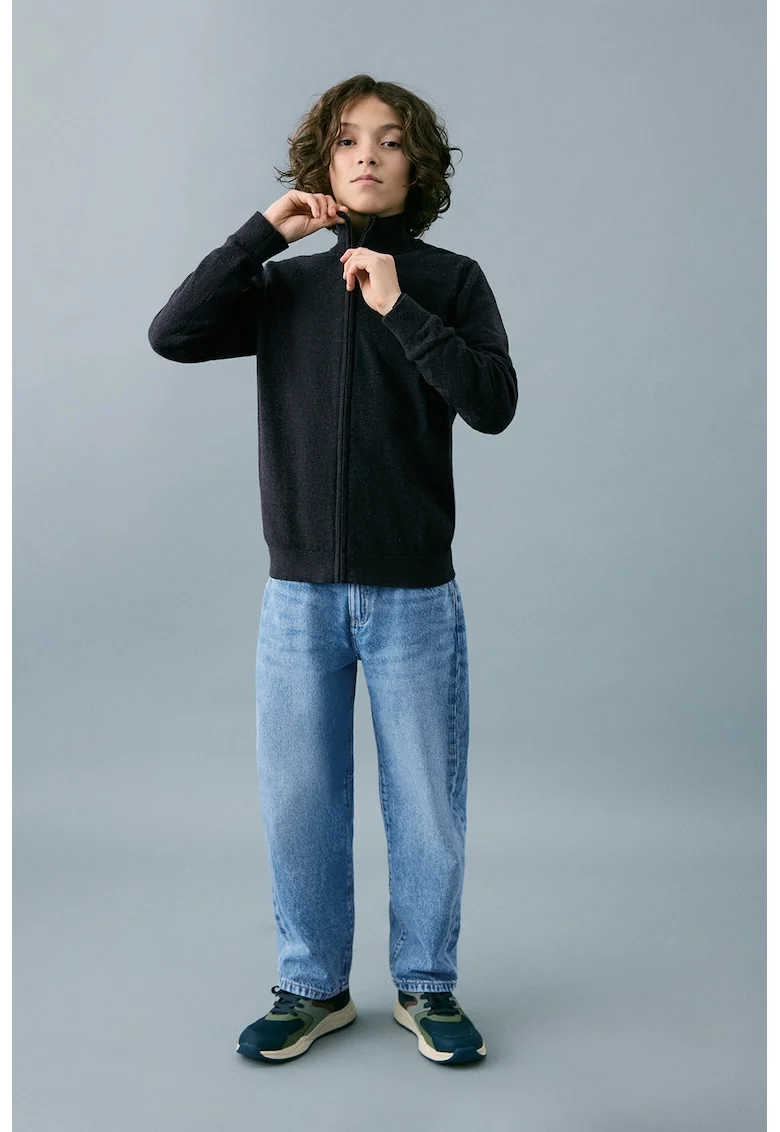 Bluza de trening cu fermoar si guler mediu, Negru melange