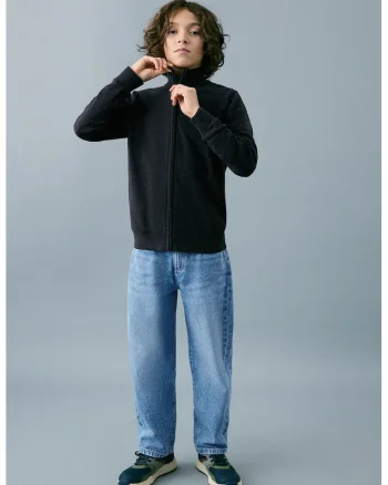 Bluza de trening cu fermoar si guler mediu, Negru melange