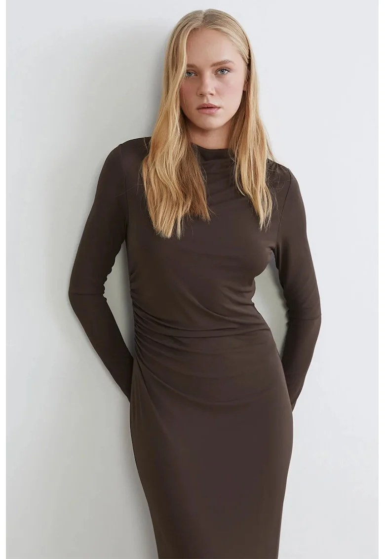 Rochie midi cu croiala cambrata si decolteu la baza gatului, Alb/Violet