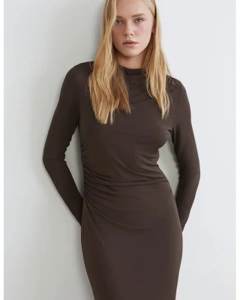 Rochie midi cu croiala cambrata si decolteu la baza gatului, Alb/Violet