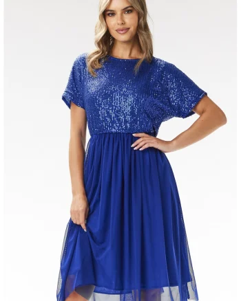 Rochie de seara midi  paiete si tul, albastru, poliester/elastan