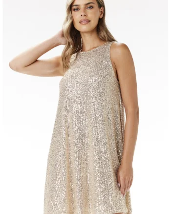 Rochie de seara mini,  cu paiete, decolteu halter, bej, poliester/elastan