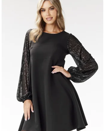 Rochie  maneci paiete, negru, poliester-elastan