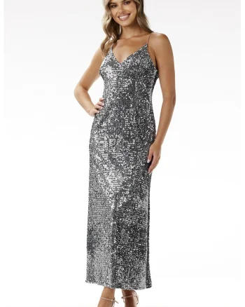 Rochie maxi de seara  catifea cu paiete, gri, eleganta, poliester