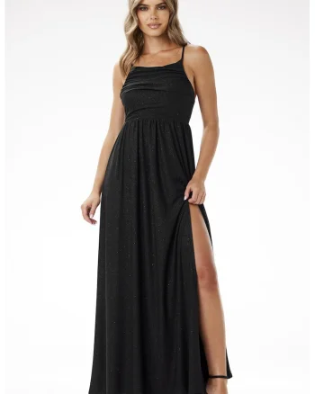 Rochie maxi,  cu bretele, neagra, poliester