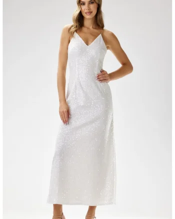 Rochie maxi,  catifea cu paiete, alb, poliester