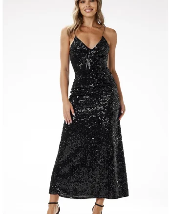 Rochie maxi,  catifea cu paiete, negru, poliester