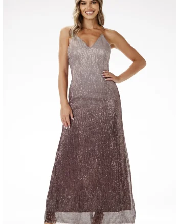 Rochie maxi,  cu paiete, efect ombre, maro, tricot cu captuseala din satin