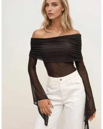 Bluza dama,  guler Madonna, maneca lunga, jerseu, Negru, Negru