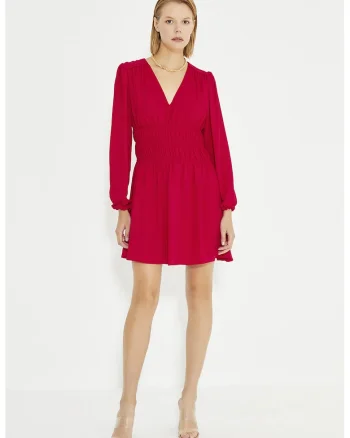 Rochie scurta cu decolteu si talie transparenta, Rosu vermillion
