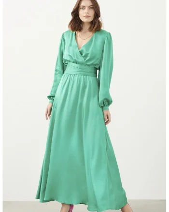 Rochie maxi din bumbac cu maneci bufante, Verde deschis