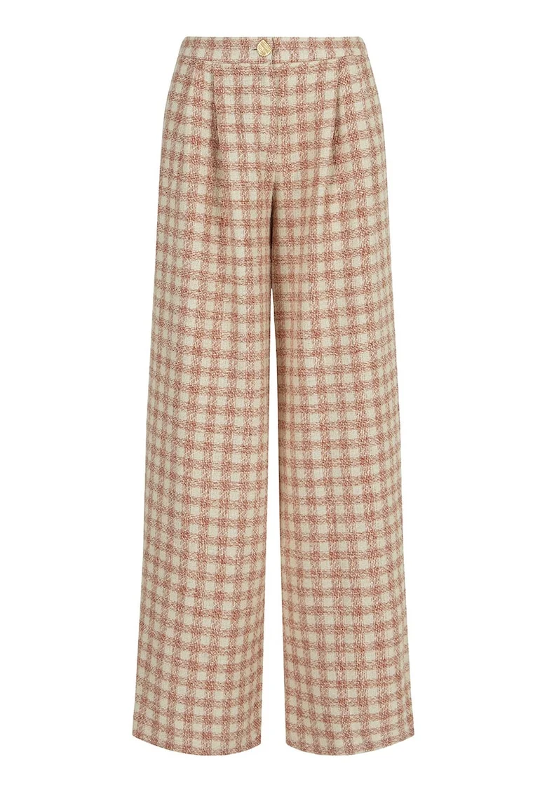 Pantaloni cu croiala ampla si talie inalta, Alb fildes/Portocaliu