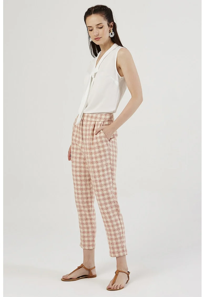 Pantaloni conici cu model in carouri, Portocaliu pal/Alb murdar