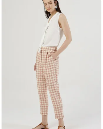 Pantaloni conici cu model in carouri, Portocaliu pal/Alb murdar