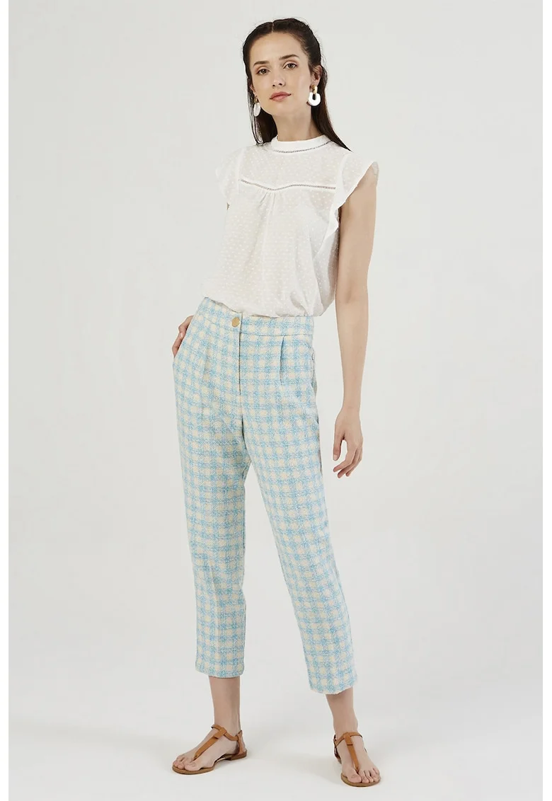 Pantaloni conici cu model in carouri, Turcoaz/Alb murdar