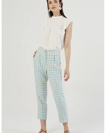 Pantaloni conici cu model in carouri, Turcoaz/Alb murdar
