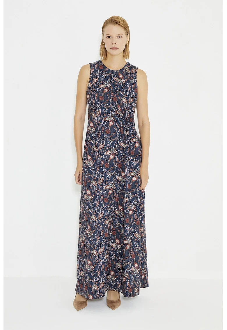Rochie maxi cu model paisley, fara maneci, Rosu/Alb/Bleumarin