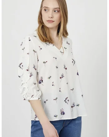 Bluza cu maneci medi si model floral, Alb/Verde/Violet