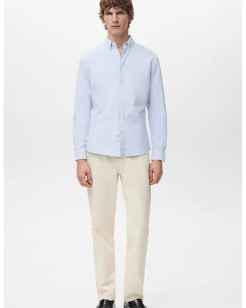 Camasa slim fit cu dungi si guler fixat cu nasturi, Alb/Albastru lavanda