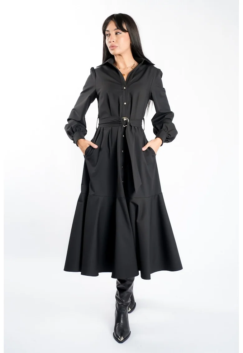 Rochie camasa cu cordon si croiala ampla, Negru