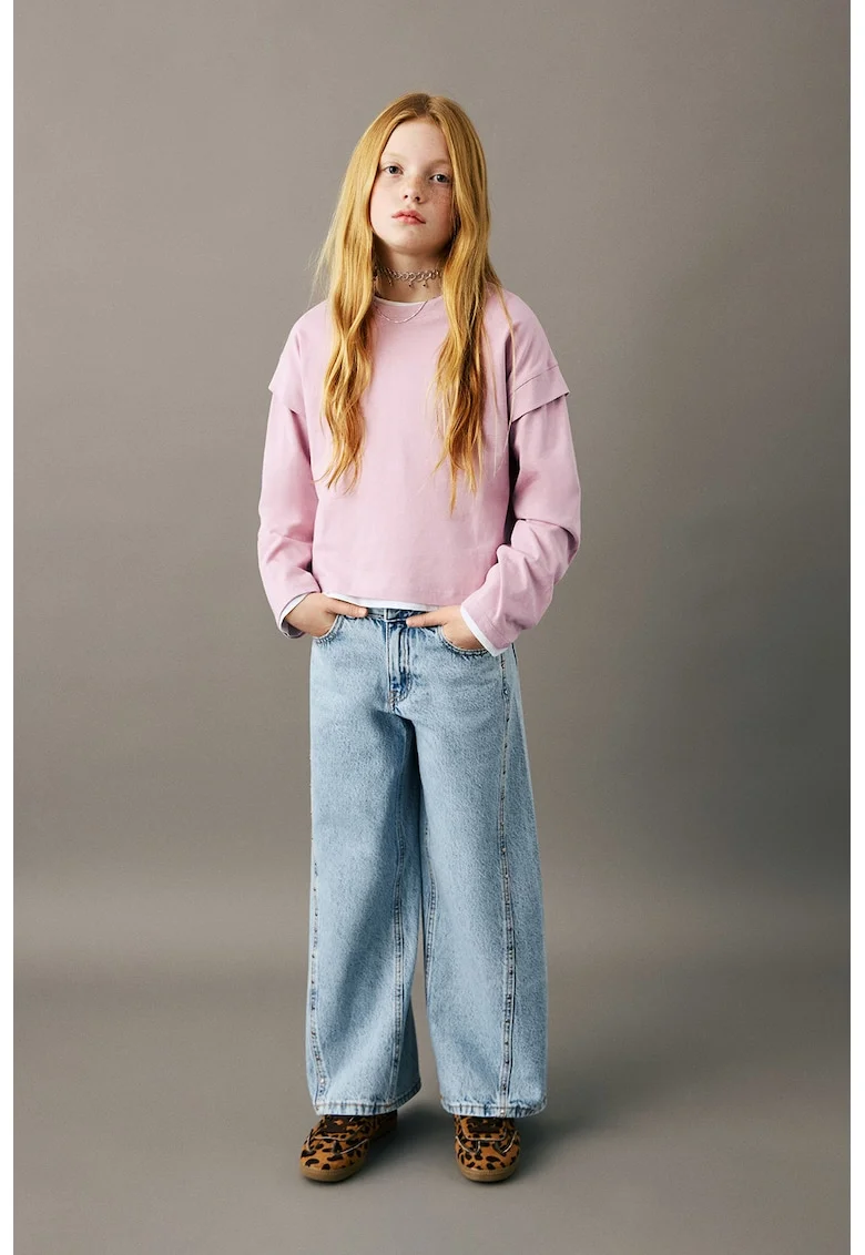 Bluza de bumbac cu decolteu la baza gatului, Roz pastel