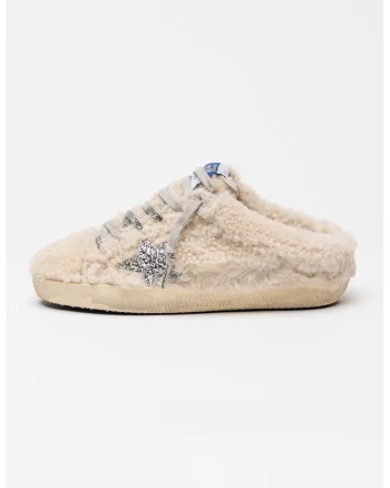 Saboti din blana shearling Super Star cu aplicatie cu stea stralucitoare, Crem