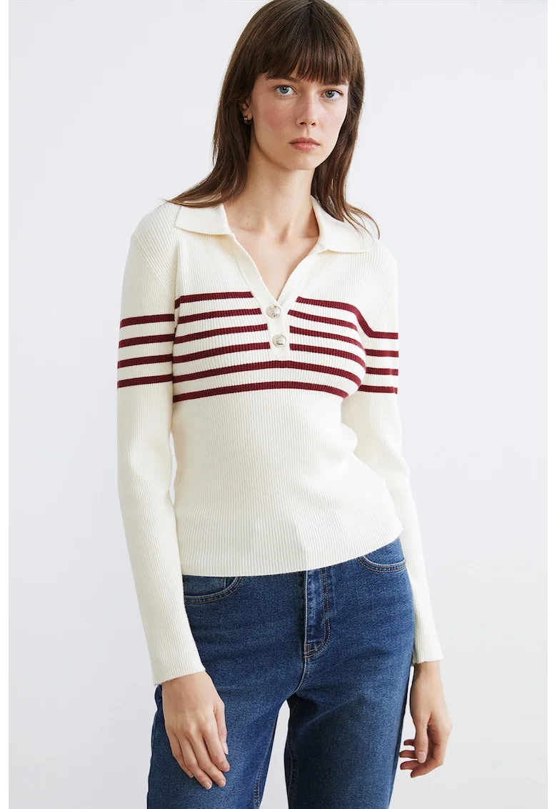 Pulover striat cu croiala slim-fit si decolteu in V, Rosu/Crem