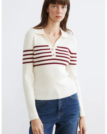 Pulover striat cu croiala slim-fit si decolteu in V, Rosu/Crem