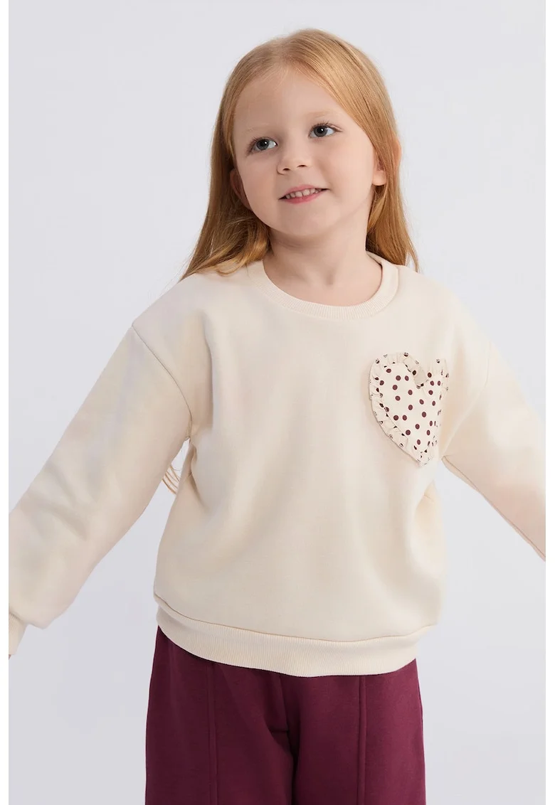 Bluza de trening cu croiala lejera si detaliu inima, Bej