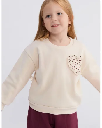 Bluza de trening cu croiala lejera si detaliu inima, Bej