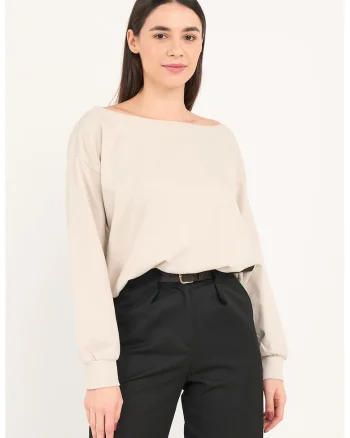 Bluza de trening cu decolteu barcuta, Bej inchis