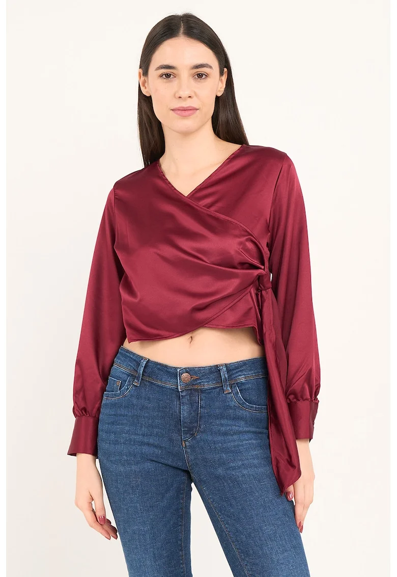 Bluza crop din satin cu decolteu drapat, Rosu inchis