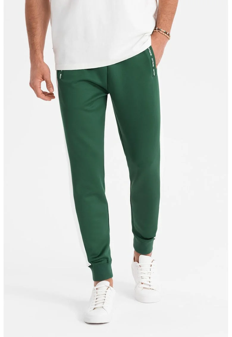 Pantaloni de trening cu segmente laterale contrastante, Alb/Verde