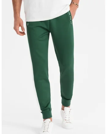 Pantaloni de trening cu segmente laterale contrastante, Alb/Verde