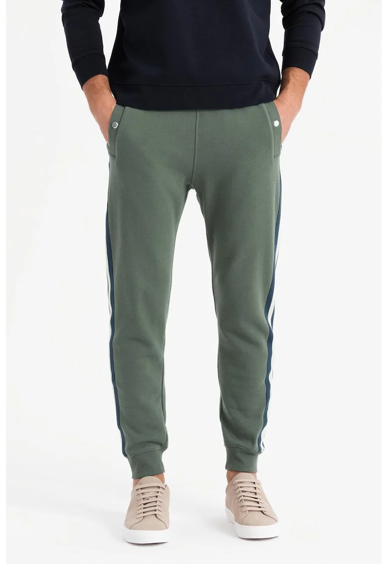 Pantaloni de trening cu croiala conica si segmente laterale contrastante, Alb/Bleumarin/Verde sparanghel