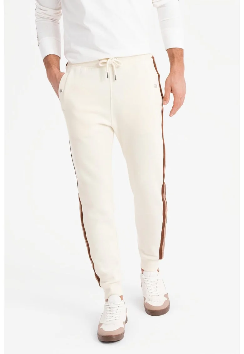 Pantaloni de trening cu croiala conica si segmente laterale contrastante, Maro/Crem