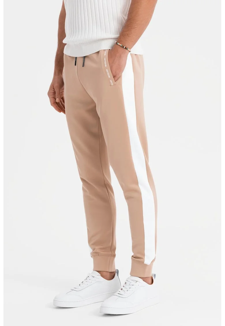 Pantaloni de trening cu segmente laterale contrastante, Alb/Bej