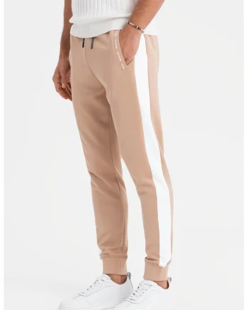 Pantaloni de trening cu segmente laterale contrastante, Alb/Bej