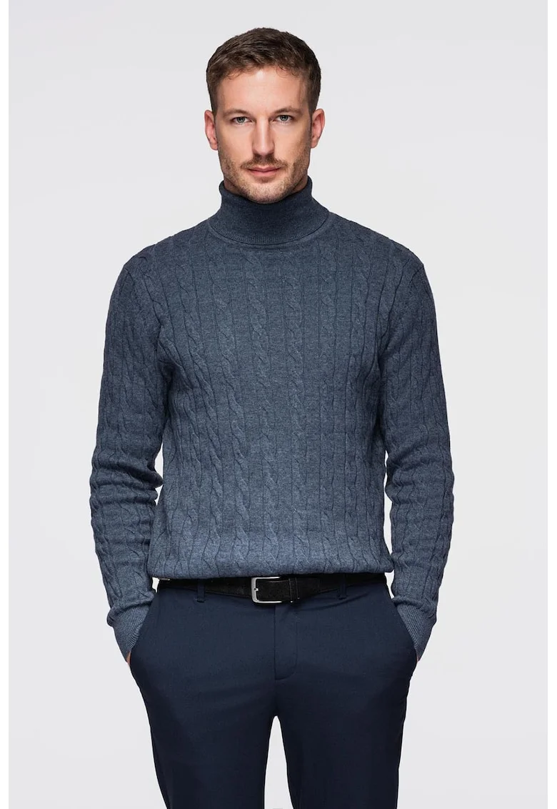 Pulover slim fit cu guler inalt si model torsade, Albastru ultramarin